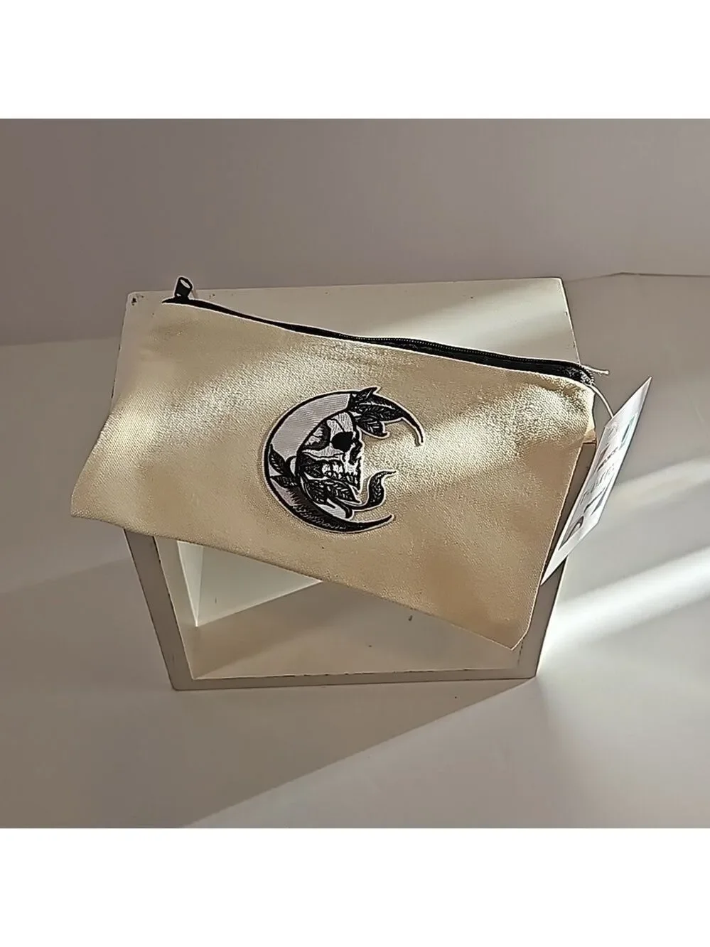 Hand Crafted Multi-use Bag Beige Zipper Pencil Case Skull Motif Iron-on Patch